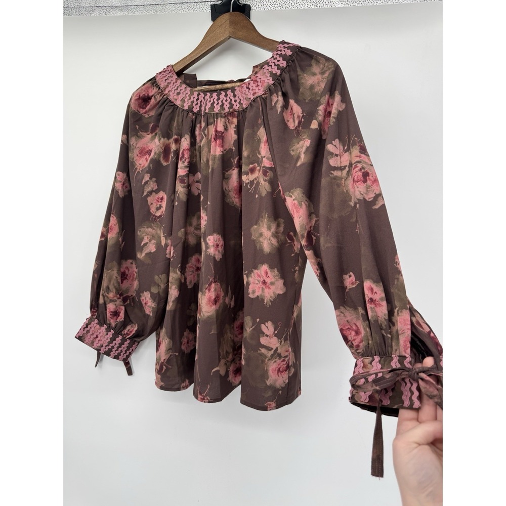 ENTRO Long Sleeve Floral Boho brown Blouse Forest Fairy‎ Ric Rack cottagecore M - Picture 7 of 11